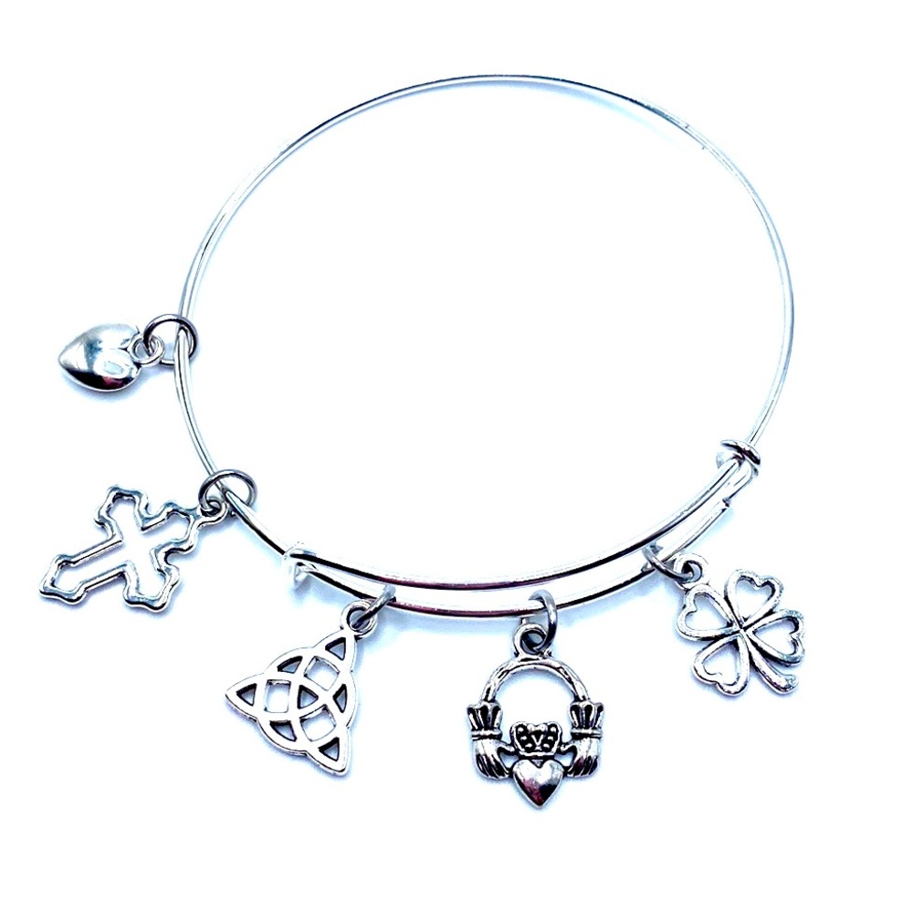 Celtic Irish Bracelet  Claddagh Cross Clover Charms May Be Personalized